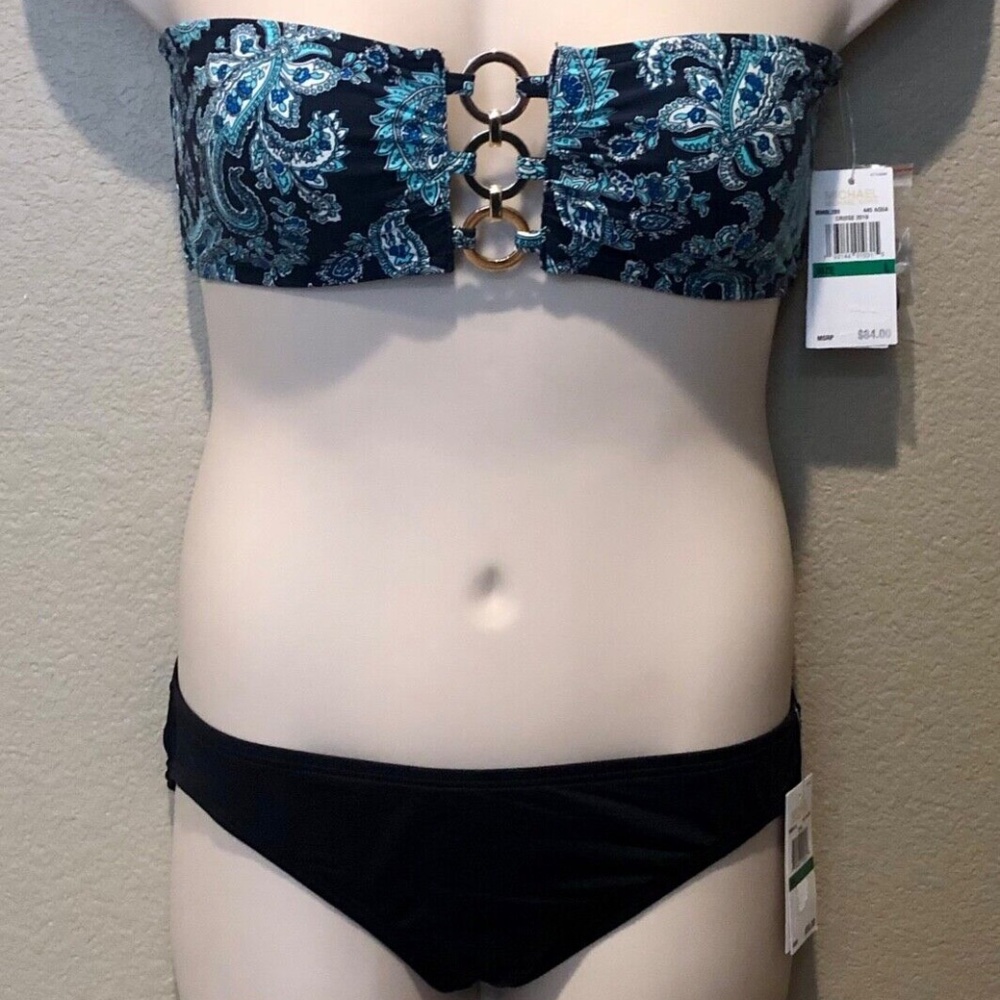 Michael Kors Women's Aqua Paisley Bandeau Bikini Top & Classic Bikini Bottoms L